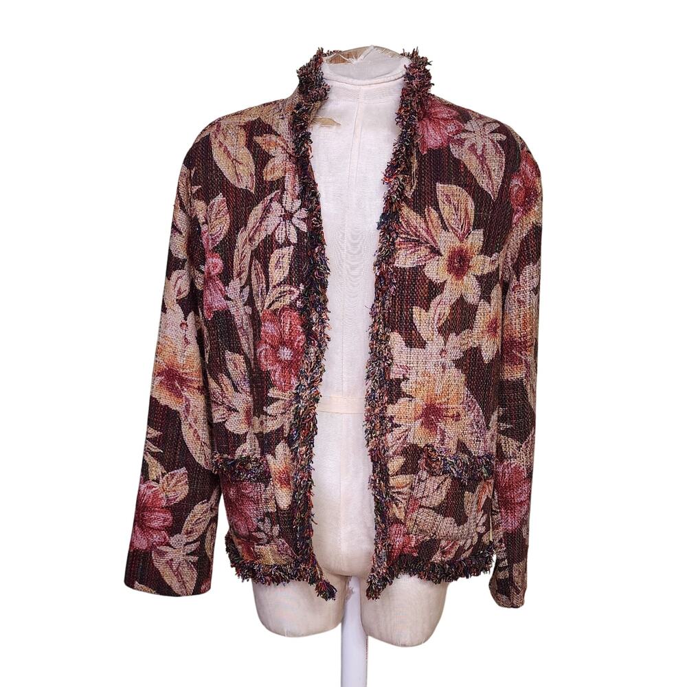 Chicos Jacket Womens Size 1Flowers Silk Open Boho Pockets Tapestry